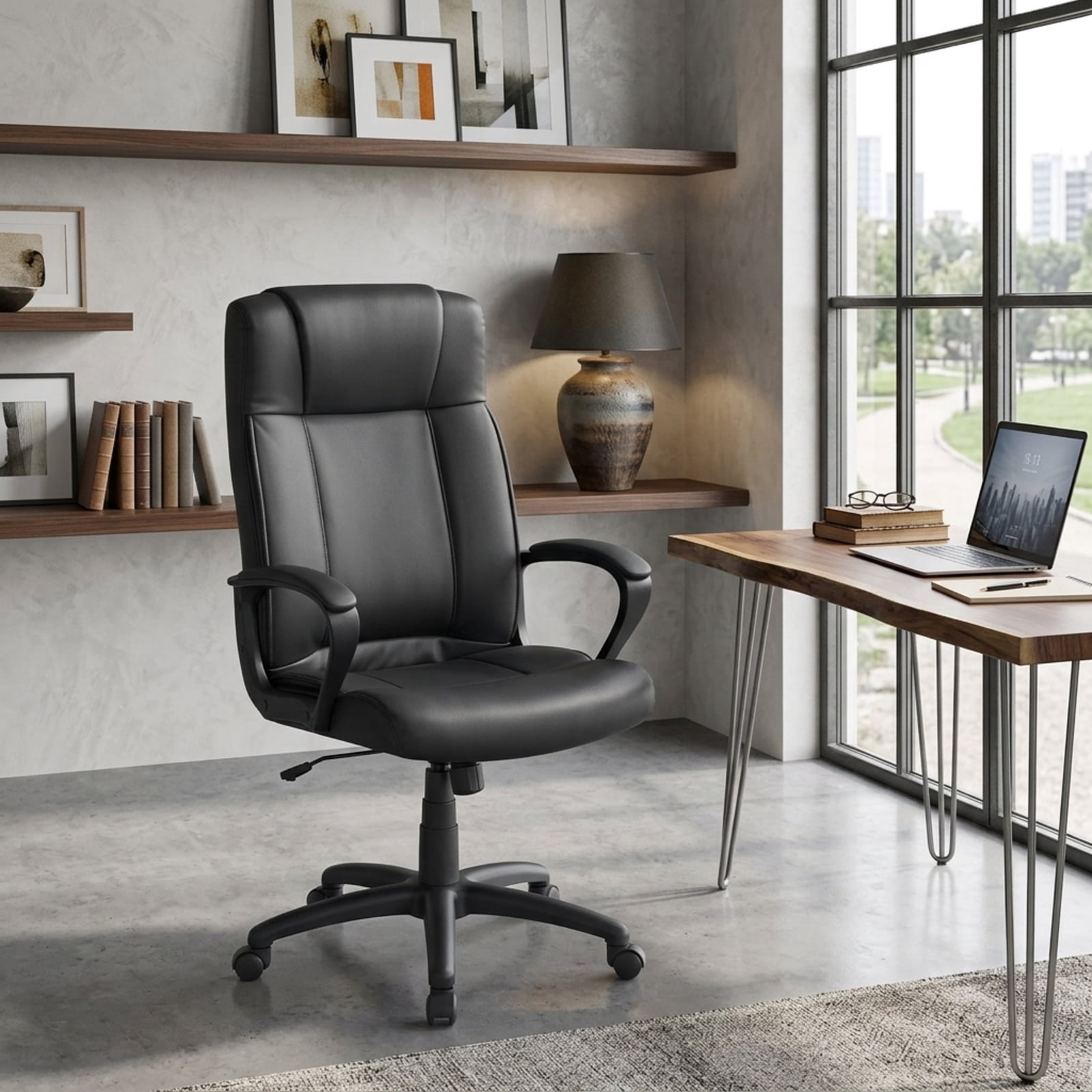 Furnibear Faux Leather Office Chair Computer Desk Chair with Rocking Function Padded Armrests Height Adjustable Swivel Seat and Casters, Black