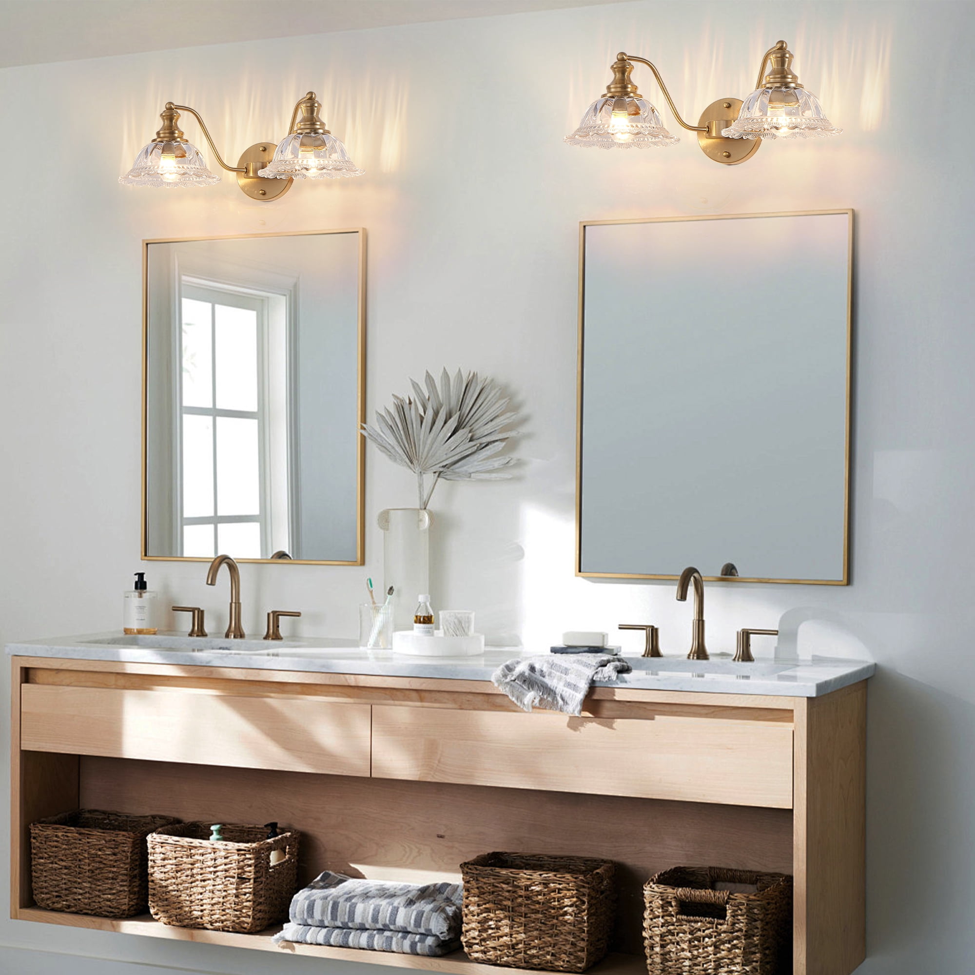 Gold Iron and Glass 2-Light Vanity Lighting Fixture for Elegant Bathrooms