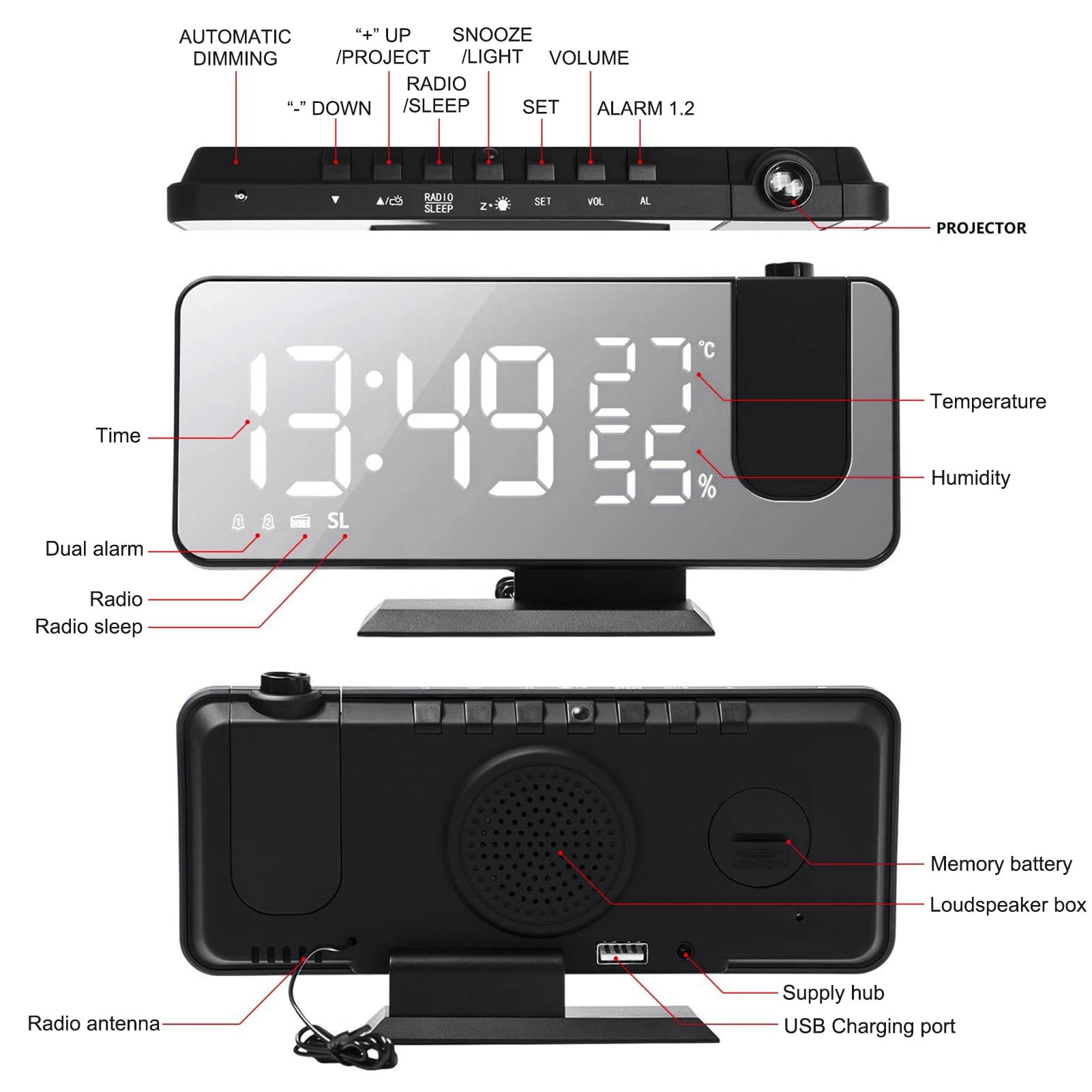 Projection Alarm Clock,Radio Loud Dual Loud Dual Alarm Clock Radio Loud Alarm Clock Rookin S N Alarm Led S N Clock L-ed Screen Zdhf