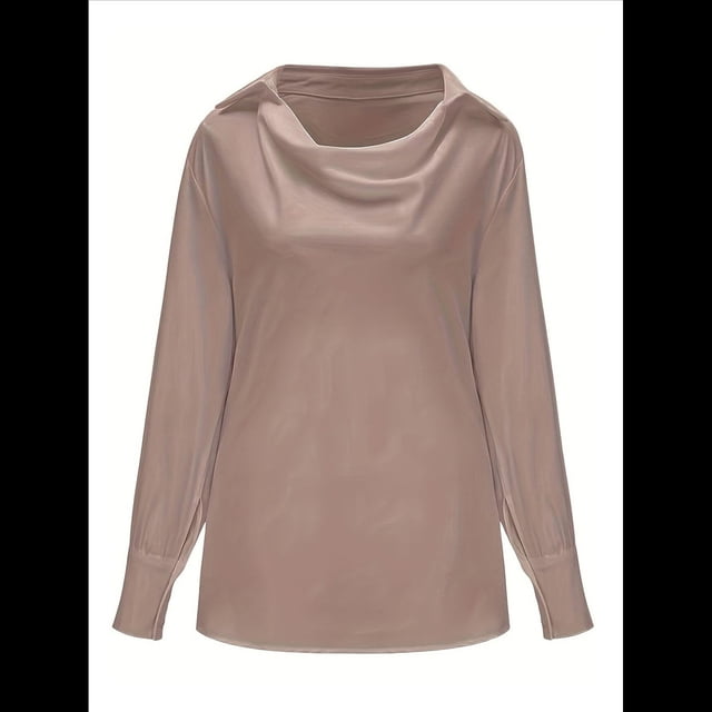 Blusa Elegante de Satén de Seda para Mujer, con Cuello Vuelto, Fruncido en la Parte Delantera, Drapeada, Larga, para Oficina y Trabajo. Raíz de Rosa L