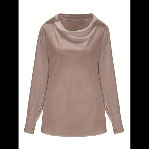 Blusa Elegante de Satén de Seda para Mujer, con Cuello Vuelto, Fruncido en la Parte Delantera, Drapeada, Larga, para Oficina y Trabajo. Raíz de Rosa L