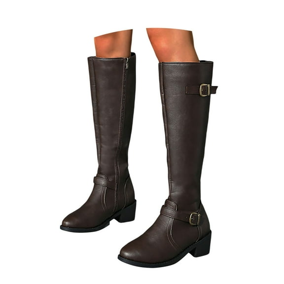 Shadoumai Womens Knee High Boots Riding Boots for Women Wide Calf Tall Boots Low Stacked Heel Boots Wide Width Winter Boots Metal Buckle Long Boots Leather Fashion Knight Boot with Side Zipper