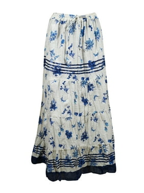 Mogul Women Floral Long Skirt White Blue Tiered Elastic Waist Boho Chic Maxi Skirts