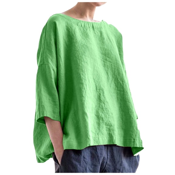 oqasdz Womens Sweaters Round Neck Cotton Linen Solid Color Thin Long Sleeve Breathable Fall Retro Fashion Tops Casual Versatile