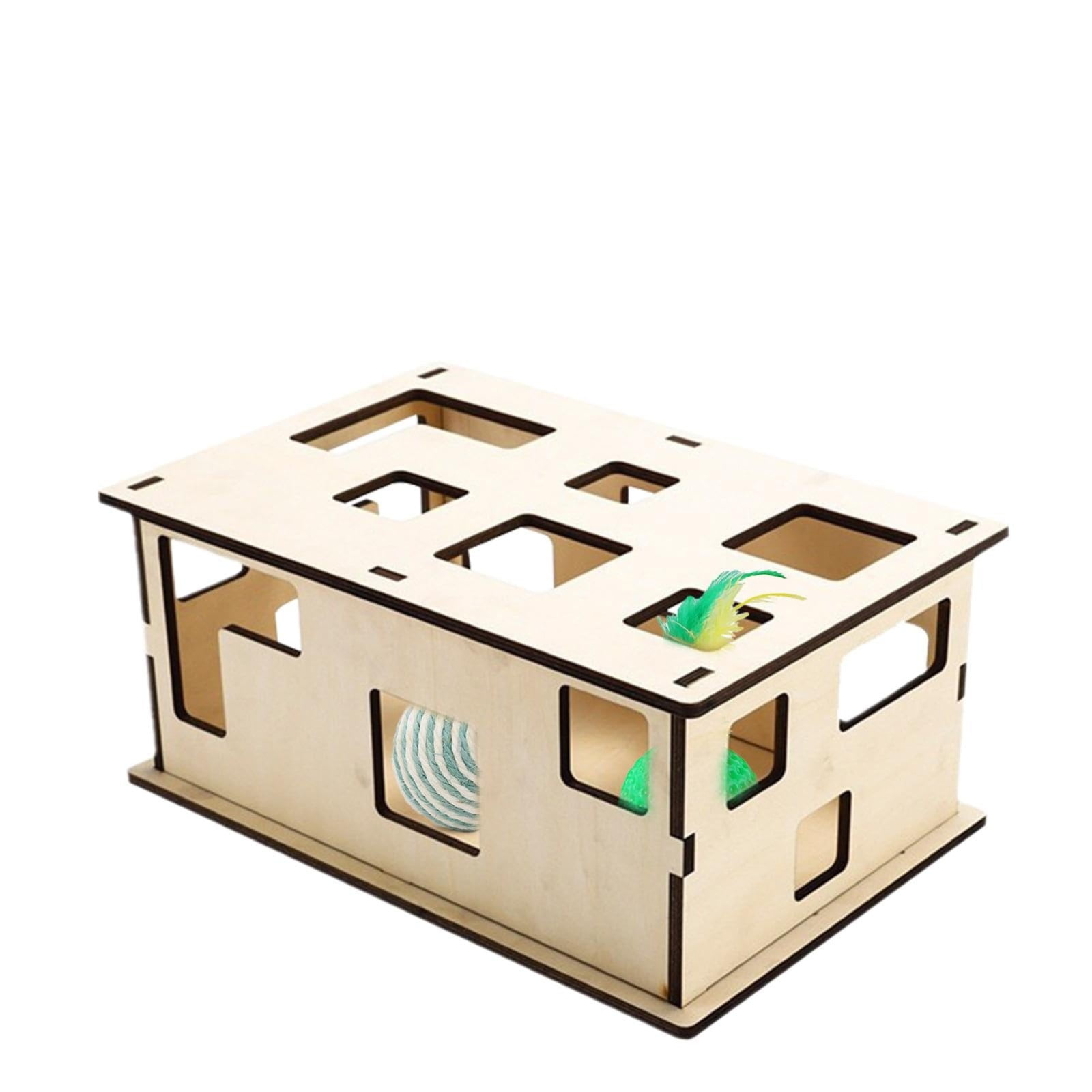 Cat Puzzle Toys Wooden Maze Box for Indoor Cats，Interactive Smart Brain Trainer with Hide and Seek Ball Game，Mental Enrichment Toys to Reduce Boredom，Natural Wood，Wood Color