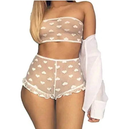 

Fanvereka Women Sexy 2PCS Lingerie Set Lace Heart Pattern Crop Slim See Through Mesh Top High Waist Ruffle Short Pants Sleepwear Set