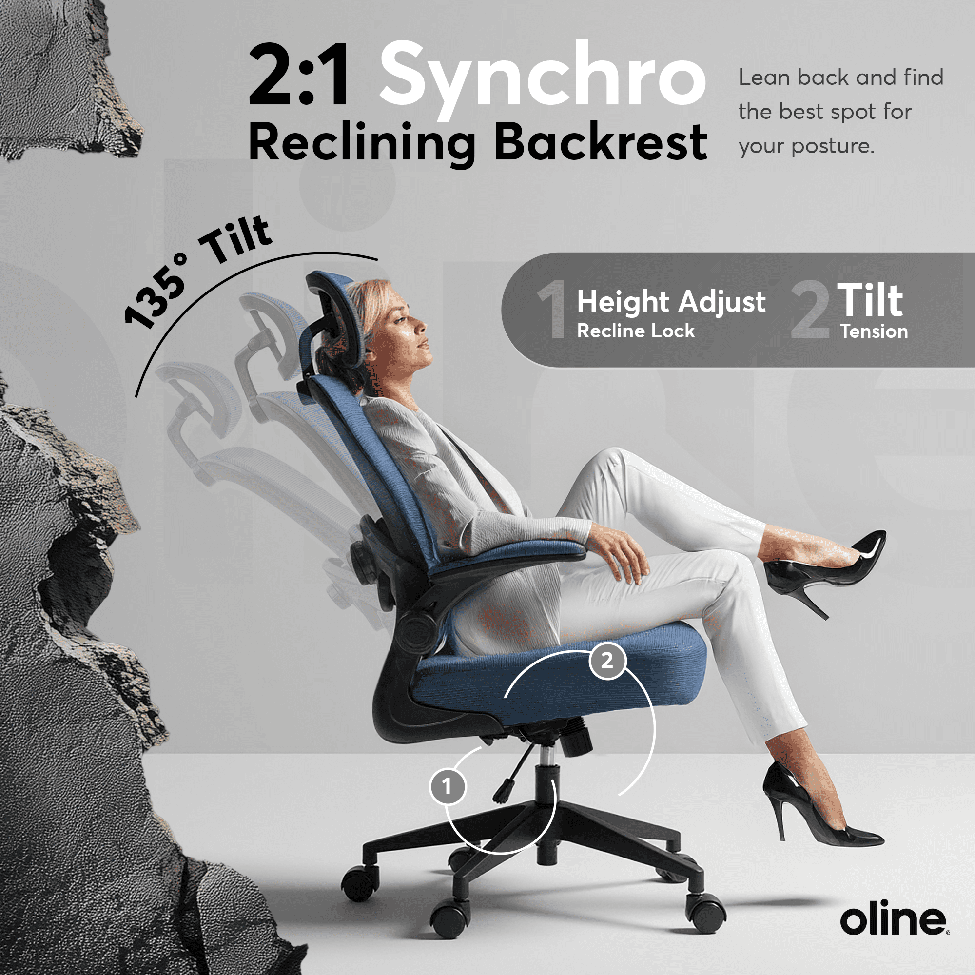 Oline ErgoAir Ergonomic Office Chair – Adjustable Lumbar Support, Flip-Up Armrests, Mesh Computer Desk Chair, Swivel Rolling Executive Gaming Chair for Home & Office (Navy Blue)