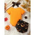 thumbnail image 3 of Wassery Infant Baby Halloween Jumpsuit Outfits Short Sleeve Letter Print Romper + Pumpkin Shorts Bow Headband 3M 6M 12M 18M 24M Newborn Clothes, 3 of 9