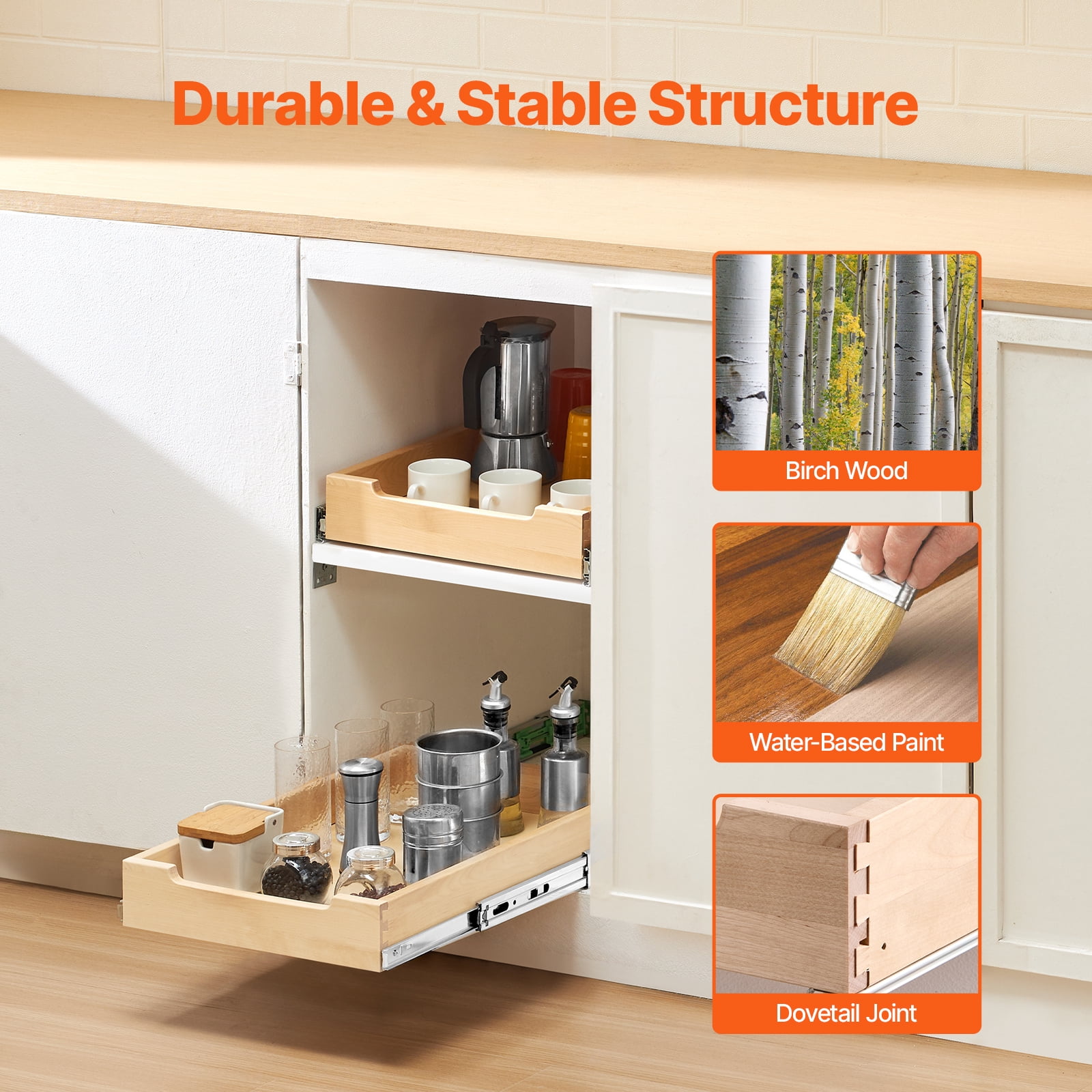 KFFKFF Pull-Out Cabinet Organizer, 14"W x 21"D Sliding Drawer, Soft-Close Wooden Shelf, Durable Slide-Out Storage Solution, Base Cabinet Organizer for Kitchen, Pantry, and Bathroom