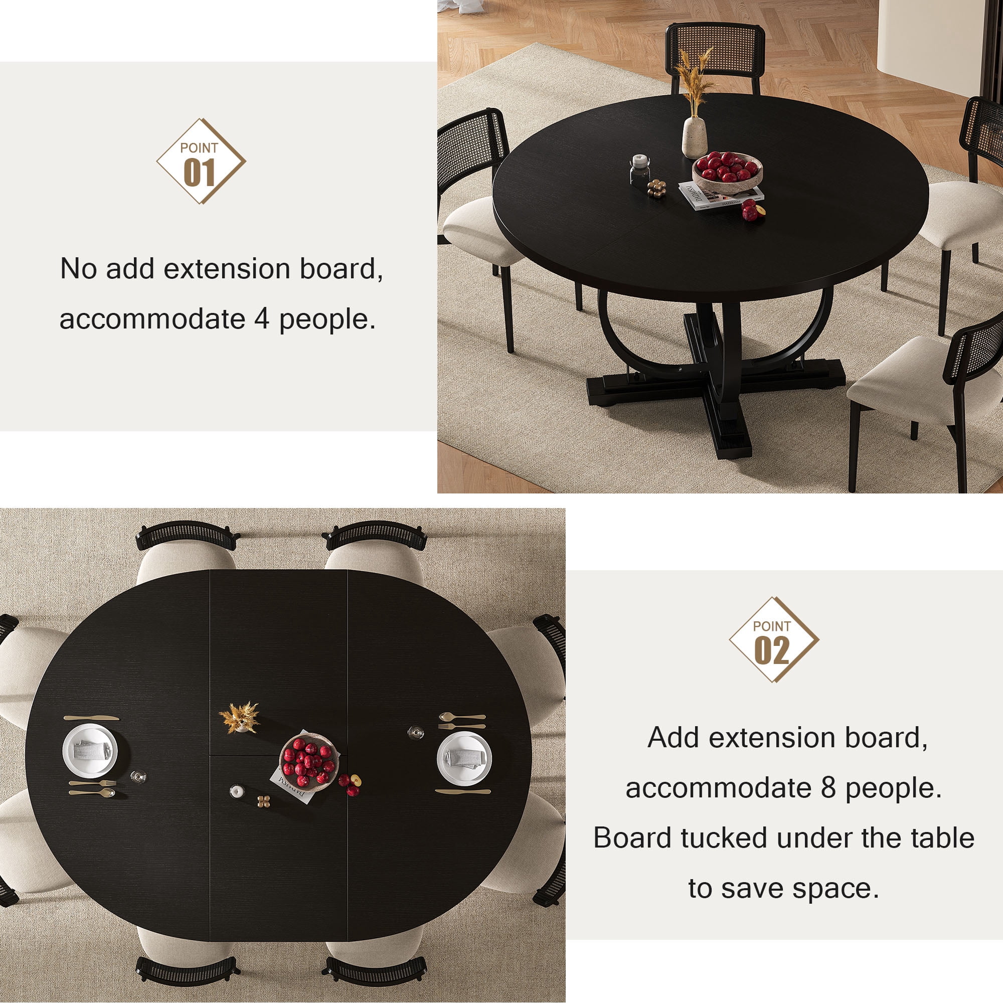 Einhomn 59”Extendable Round Dining Table for 4-8 ,Dining Room Table with X-Shaped Heavy Duty Metal Base,Thickened MDF Board,Modern Kitchen Dining Table,Space Saving,Black