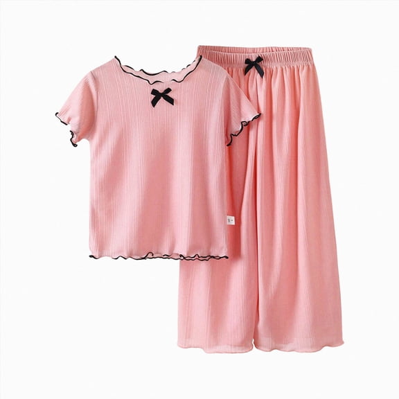 WUANDIXFA Cotton Pajamas 1T-10T Short Sleeve Shirts Pant Cute Summer Fall Casual Girls Sleep Outfit Girls Cotton Pajamas,Pink,9-10 Years