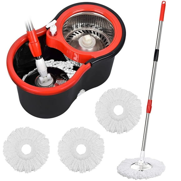 Mop and Bucket Set, 360 Spin Mop and Bucket with Wringer Set and 3 Microfiber Mop Refills, Stainless Steel 61" Extended Handle Spinning Mop Bucket System for Floor Cleaning