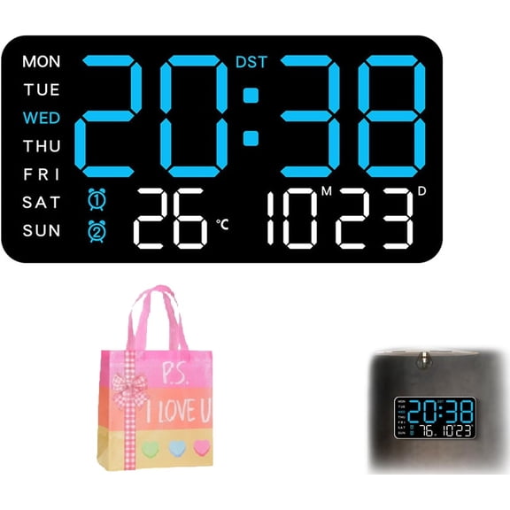 LED Digital Wall Clock with Temperature & Date - Large Display Electronic Clock, Adjustable Brightness & Night Light Mode, Modern Frameless Design for Home, Office, Bedroom, Kitchen(XX-Blue)
