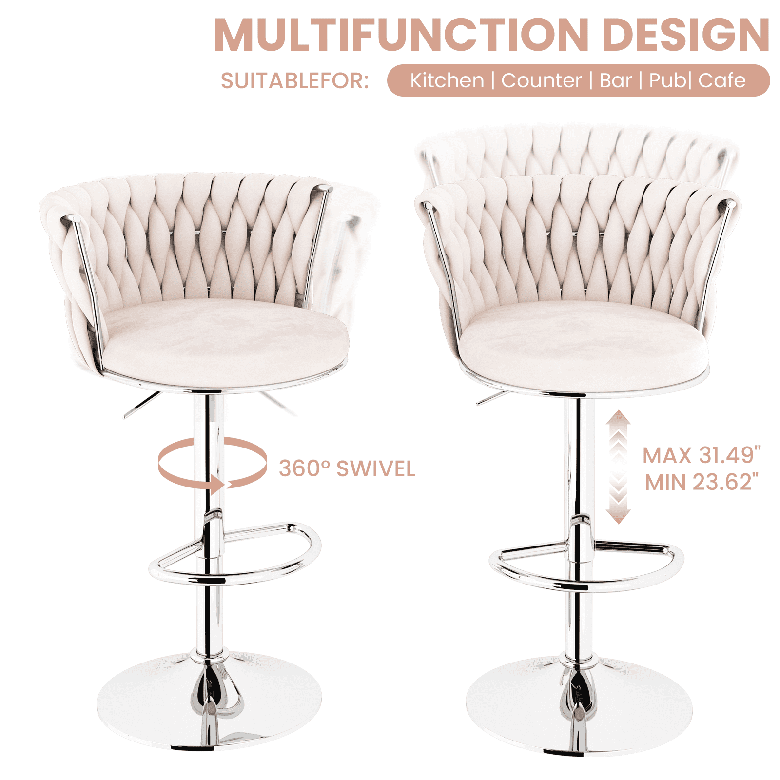 Baxluxe Velvet Bar Stools Set of 2, Swivel Counter Height Bar Chairs with Footrest, Metal Base Adjustable Pub Stools Island Chairs, High Stools Chairs for Kitchen Island, Pub, Restaurant, Beige
