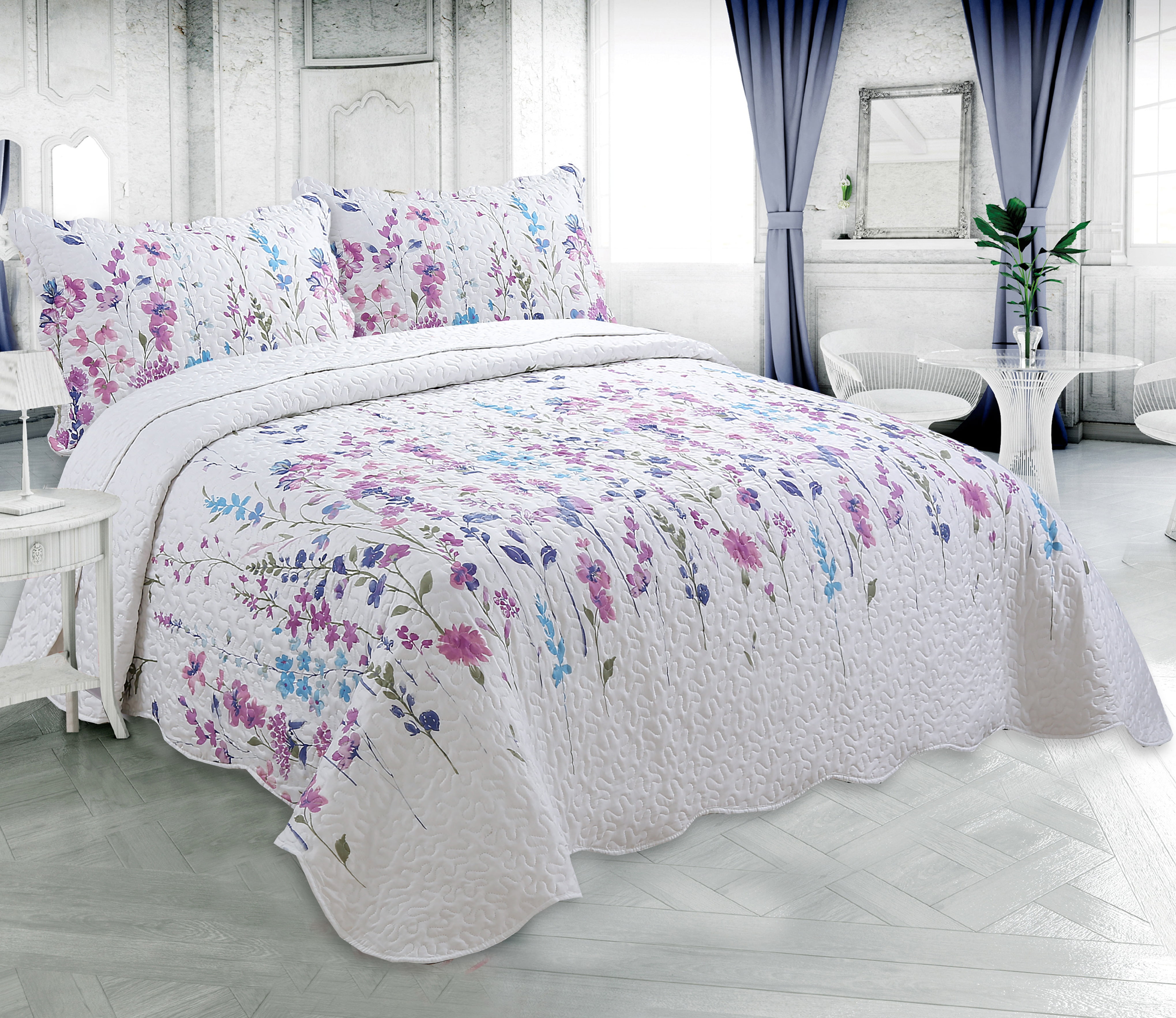 Marina Decoration Rich Printed Stitching Coverlet Bedspread Ultra Soft Bedding Summer Quilt Set with Quilted Sham, Colorful Floral Garden Pattern