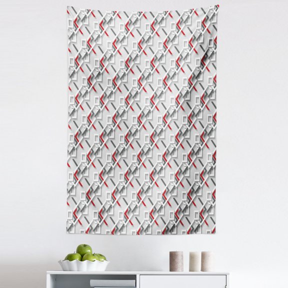Geometric Tapestry, Complex Grid Pattern with Modern Design Squares and Chevron Details, Fabric Wall Hanging Decor for Bedroom Living Room Dorm, 5 Sizes, Charcoal Grey White Red, by Ambesonne