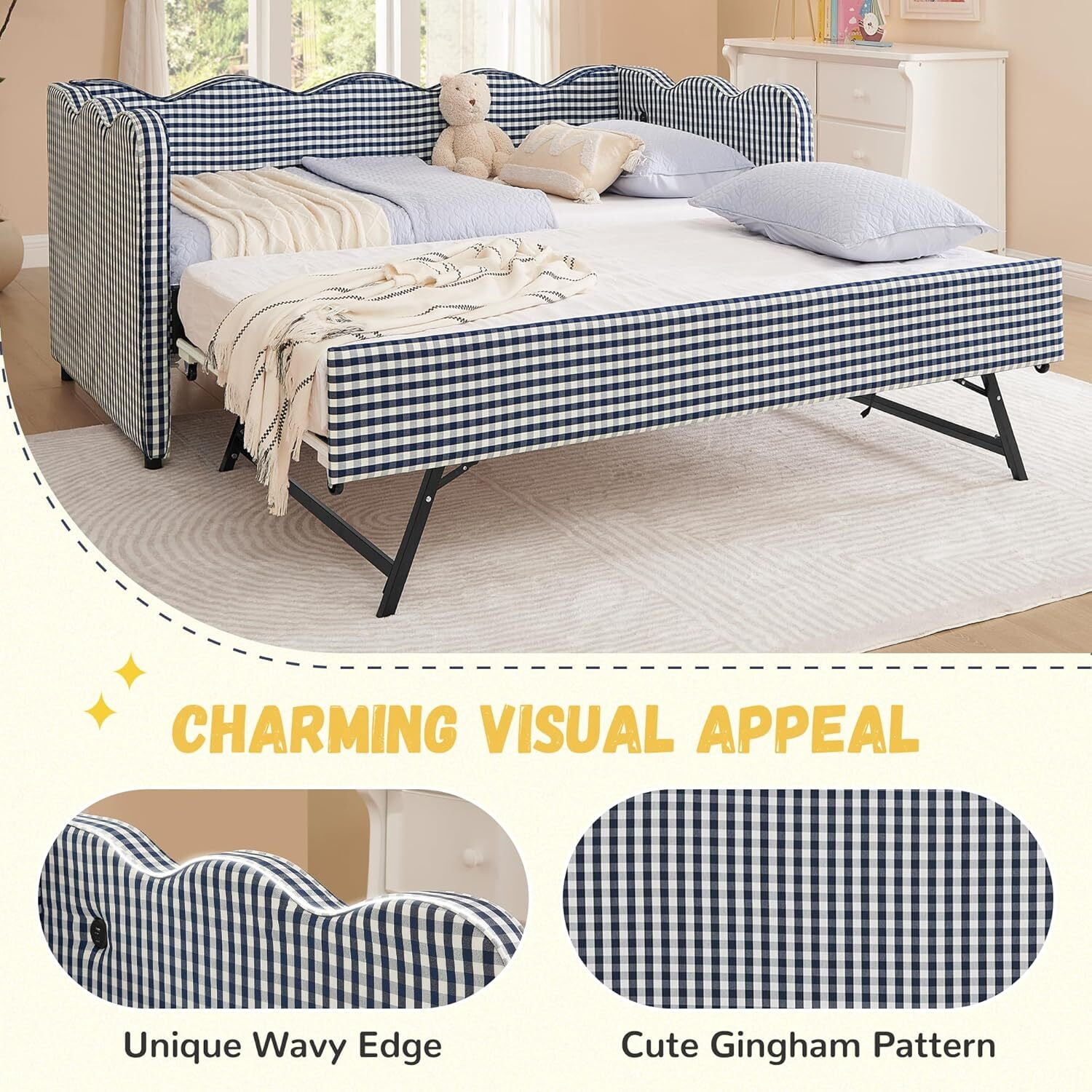 avobird Cozy Gingham Daybed with Trundle Twin Size Sofa Bed for Living Room, Sleeper Sofa with USB Port and Adorable Wave Shaped, Linen Fabric, Navy Blue