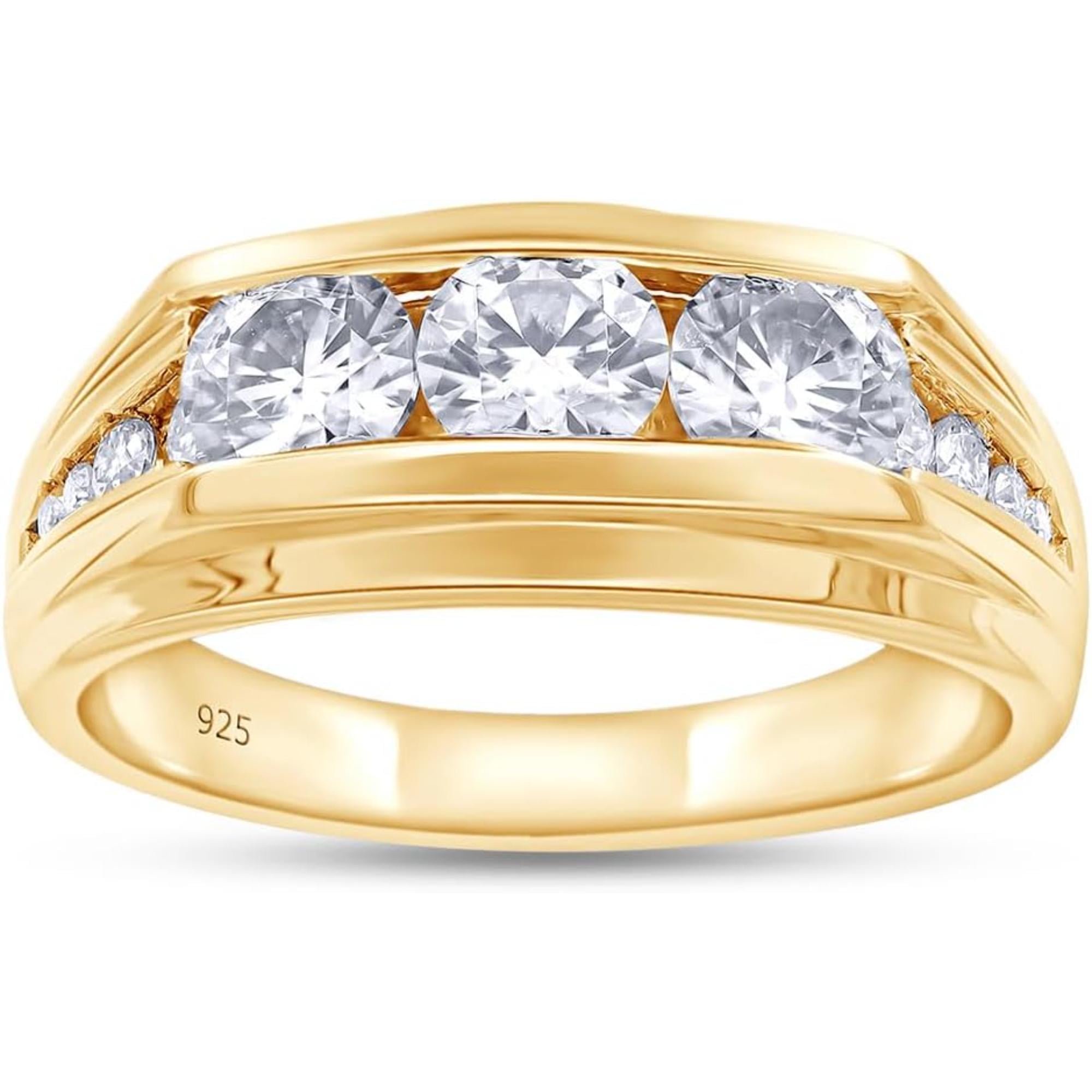 925 Sterling Silver 14K Yellow Gold Finish Round Cut White Diamond Three Stone Men's Anniversary Wedding Band Ring
