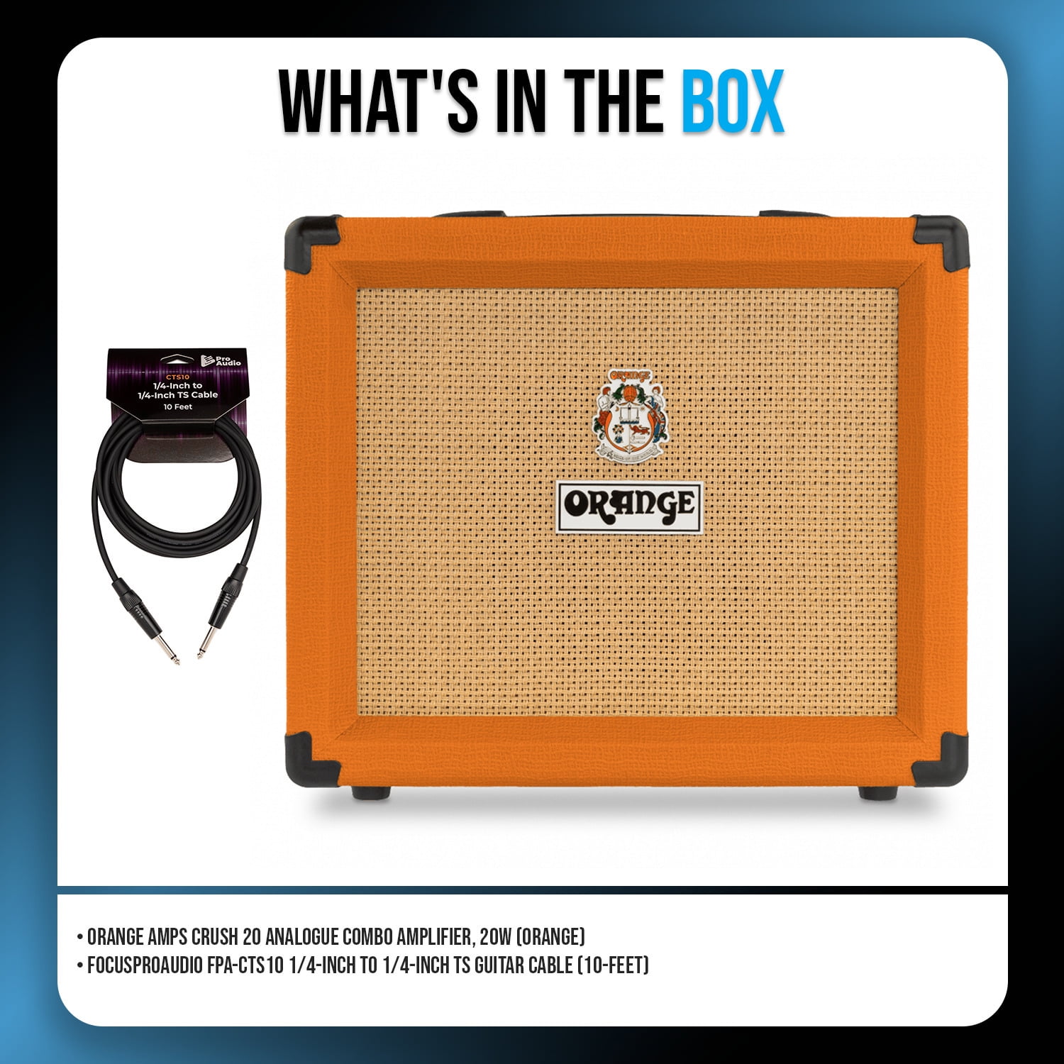 Orange Amps Crush 20 Analogue Combo Amplifier, 20W, Twin Channel (Orange) Bundle with 10 ft Instrument Cable