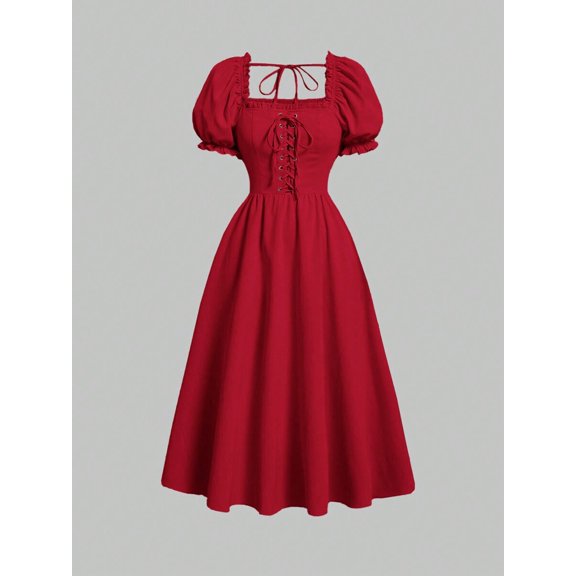 Vibrant Red Lace-Up Front Puff Sleeve Square Neck Midi Dress, A-Line Fit, Romantic Vintage Style