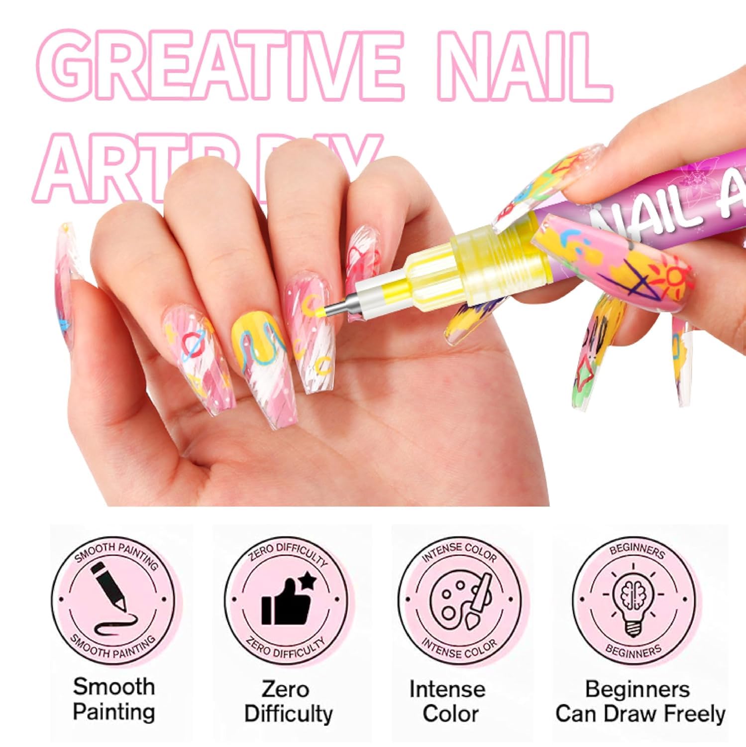 12 Colors Nail Art Pens Set,Upgrade 0.5mm/0.01in Metal Needle Tip for Ultra-Fine Drawing & Doodling,Highly Pigmented Quick-Dry Formula,Eco-Friendly Water-Based Markers for 3D Nail Art & Manicure