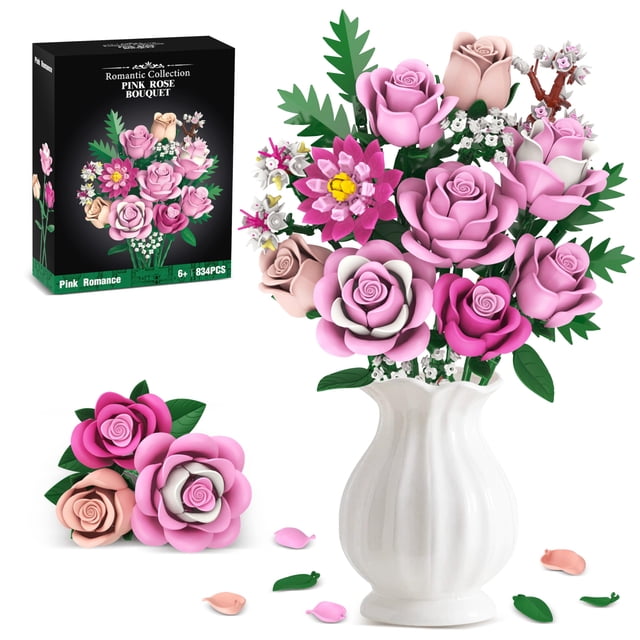 Juego de flores de rosas rosas en ramo, 834 piezas de flores artificiales de rosas colección botánica compatible con flores de lego para adultos, regalos de Navidad, aniversario,