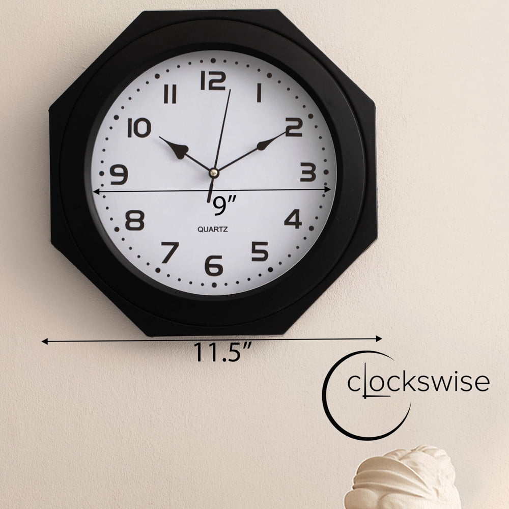 Clockswise 12-inch Non-Ticking Octagon Plastic Analog Wall Clock - Elegant Decorative Accent for Home Décor in Bedroom, Bathroom, Living Room, Dining Room, Entryway, Hallway, Kitchen or Office, Black