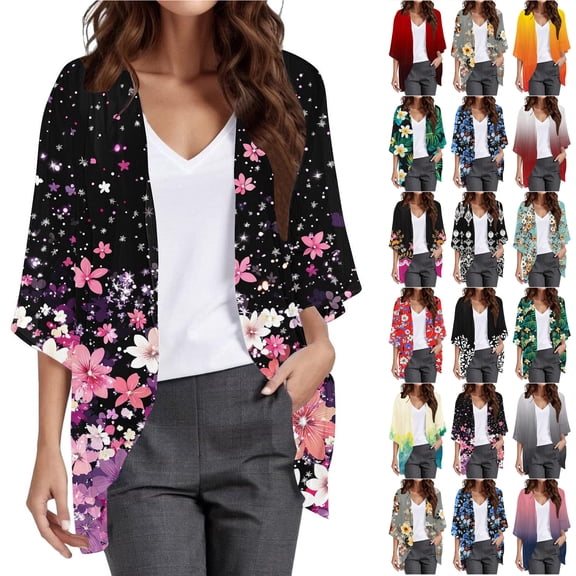 JTZGDY Lightweight Chiffon Kimono Cardigans for Women Dressy Casual 3/4 Length Sleeve Open Front Cardigan Outwear Tops Loose Fit Beach Cover ups