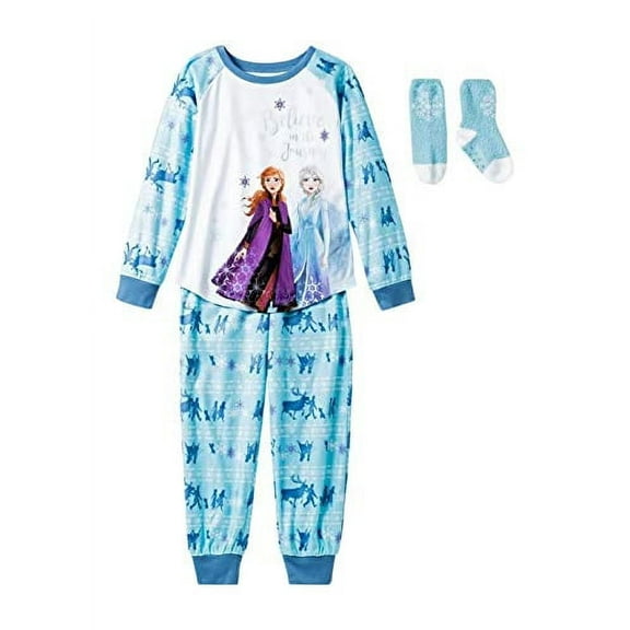Frozen Anna and Elsa Believe in The Journey Girl's Flannel Pajama and Sock Set (X-Small Size 4/5)