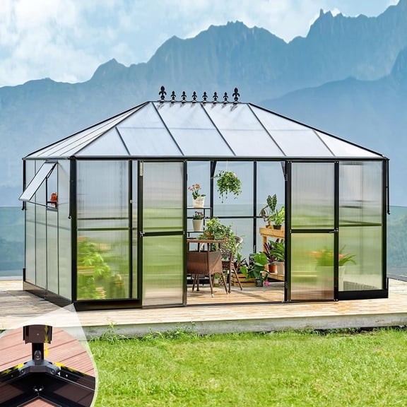 Jocisland 14x9.5x9 ft Walk-in Large Greenhouse Quick Connector Fast Assembly, Swing 2 Doors, Polycarbonate Aluminum Greenhouse for Outdoors, Black