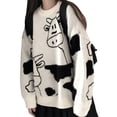 thumbnail image 5 of Qiylii Women Loose Sweater, Long Sleeve Crew Neck Cartoon Cow Print Pullover, 5 of 7