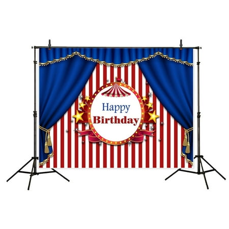 GreenDecor Polyster 7x5ft Birthday Backdrop Round Circus Logo Shooting Stars Riband and Blue Curtain Red and White Striped Background for Photography or