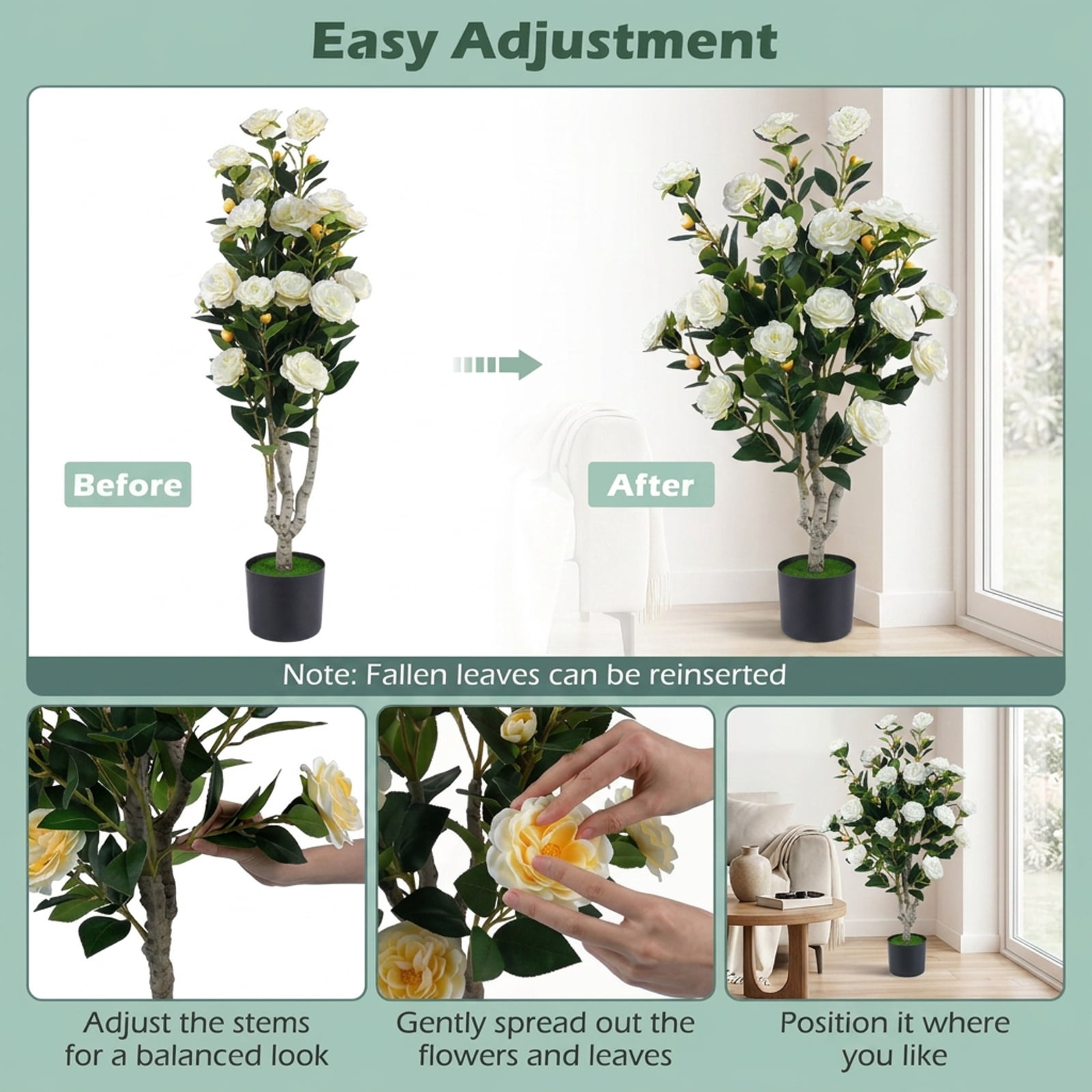 Vebreda Artificial Plant Decor, 39.5" Artificial Camellia Tree with Orange Blossoms in Cement Pot for Home Decoration, Selected Materials