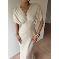 thumbnail image 6 of Apricot Linen V-Neck Petite Midi Dress With Lace Trim, High-Waist Pleated Slim Fit Elegant Vacation Dress, 6 of 7