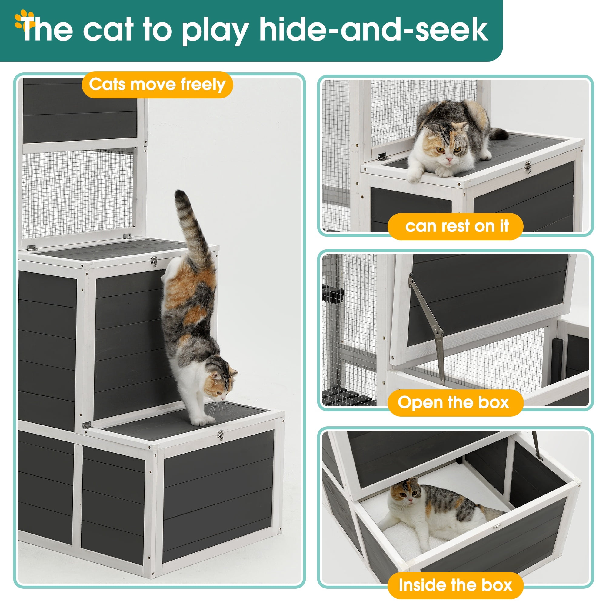 Outdoor Catio Enclosure for Cats Clearance, 3-Tier Wooden Catio Enclosure for 3 Cats, Winter Cat Cage for Indoor with Resting Box, Platforms, Jump Box, 71"H, Gray