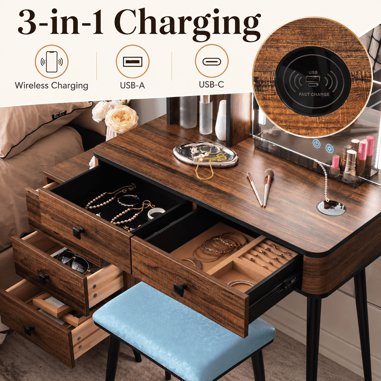 Furnibear Vanity Makeup Table Set with Lighted Mirror and Cushioned Stool, Vanity Desk with 3-Drawer Chest and Wireless Charging for Bedroom, Brown