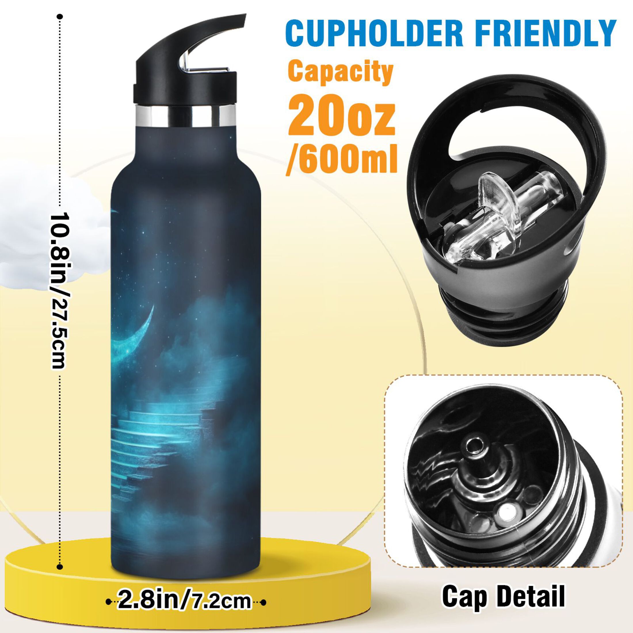 Kids Insulated Stainless Steel Sports Water Bottle 600ml (20oz) Ethereal Moonlit Night Background