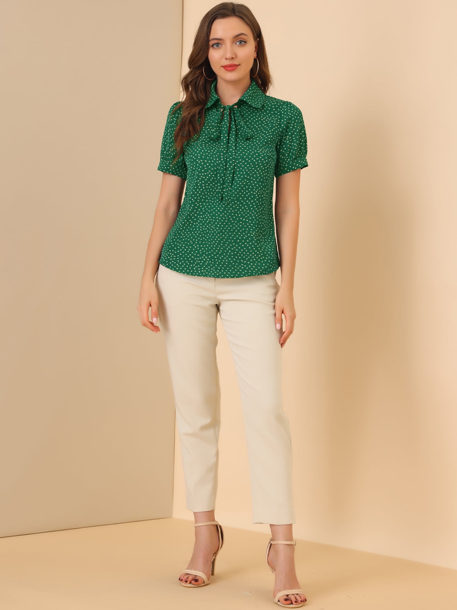 DARING DIVA Women's Polka Dots Tie Bow Chiffon Blouse S Dark Green-Dots