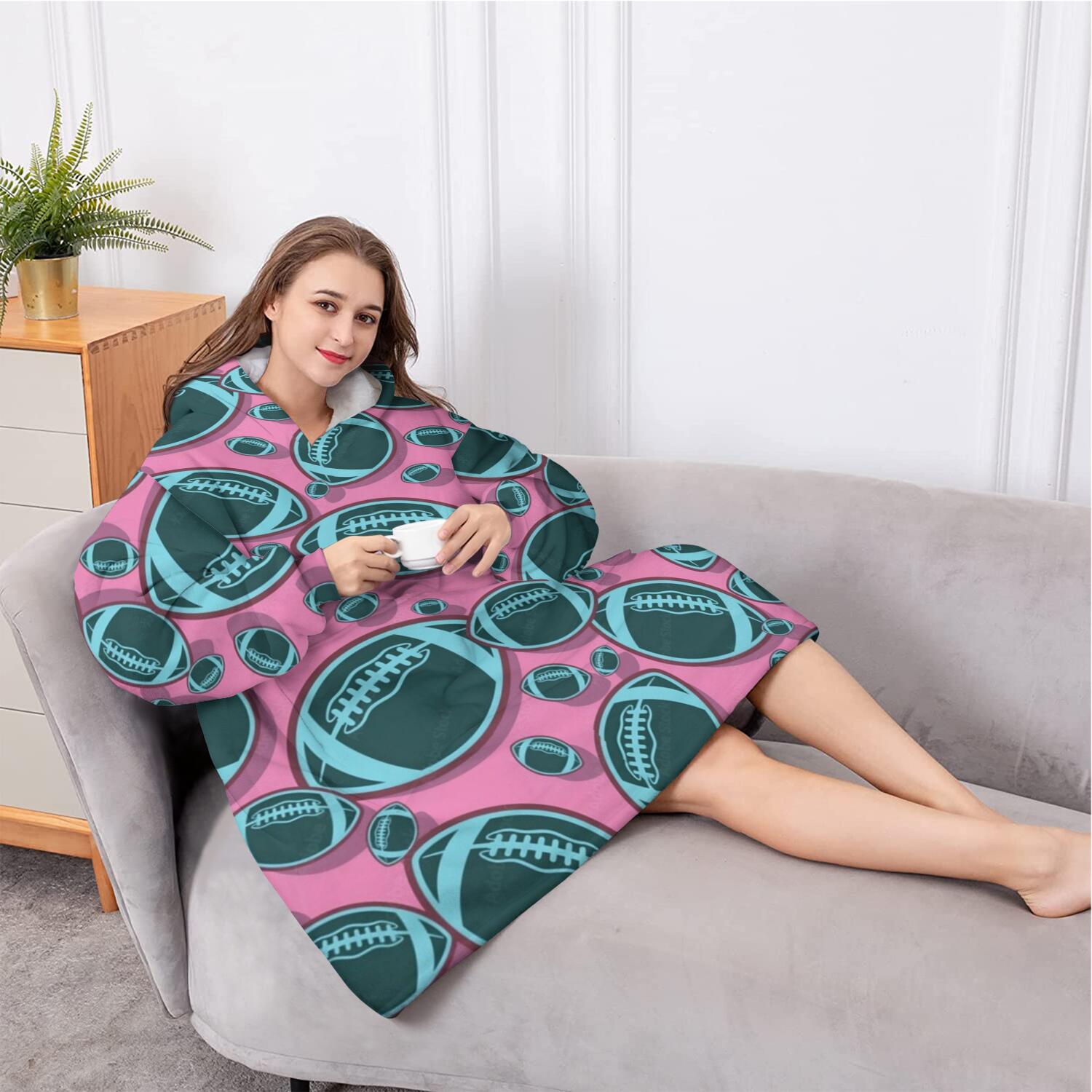 Oversized Wearable Blanket Hoodie,Football Pattern Sherpa Blanket Hoodie with Super Pockets,Super Warm Fuzzy Pullover for Women & Men