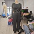 thumbnail image 4 of ClodeEU Women's 2 Piece Lounge Set, Round Neck Button-Down Slightly Crop Top, Elastic Waist Drawstring Wide-Leg Pants Dark Gray,Womens Plus M, 4 of 5