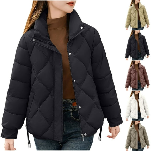 Ultrave Women's Winter Puffer Coat Lapel Zipper Casual Long Sleeve Warm Jackets