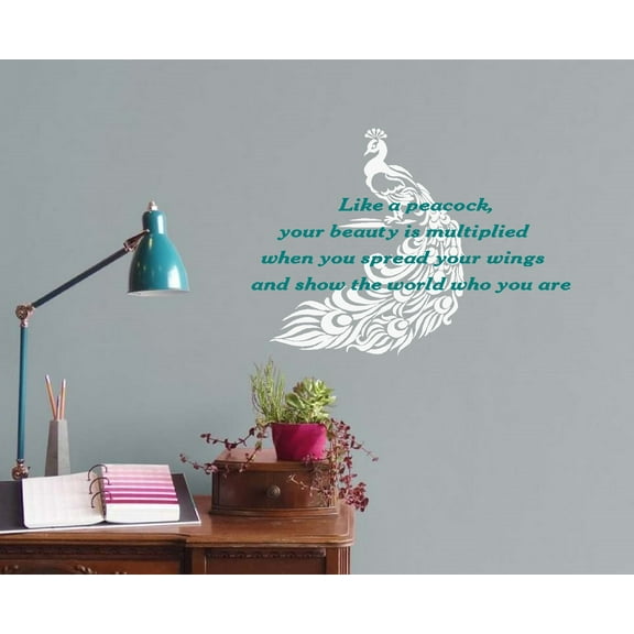 Like a Peacock, your beauty is multiplied #2 ~ Wall Decal 20" x 29" (White Bird/Turquoise words)