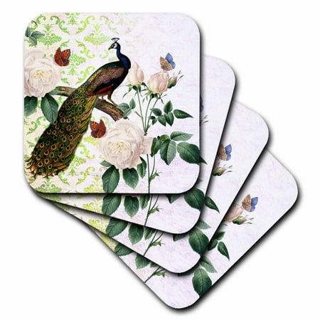

Peacock with White Roses vintage art set of 4 Coasters - Soft cst-110314-1