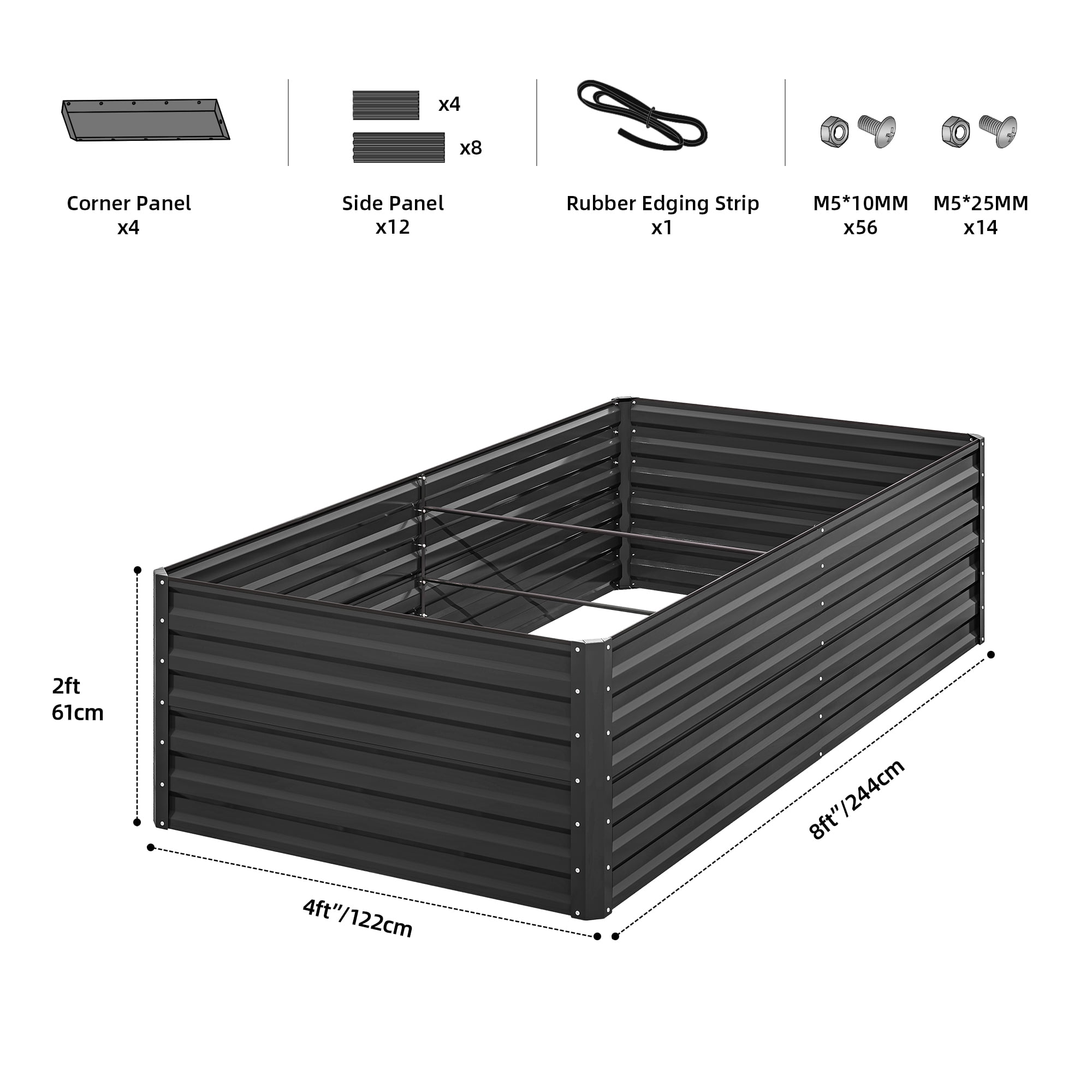 ModFusion 8×4×2 ft Raised Garden Bed Kit with Reinforcement Bars and Stakes, Corrugated Galvanized Steel Metal Planter Box, 479-Gallon Drainage, Large Backyard Plant Pot, Black