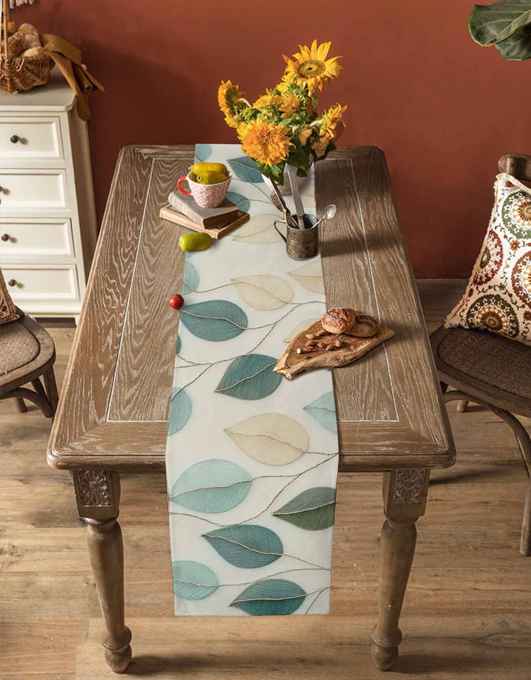 Teal Green Leaf Table Runner 72 Inches, Farmhouse Vintage Middle Century Textured Bed Runner Dresser Scarves Tabletop for Indoor Outdoor Parties/Ceremony/Banquet, 18" x 72"