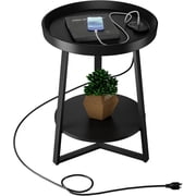 Round End Table with Storage Shelf 2 Tier Farmhouse Side Table Nightstand for Living Room Bedroom Wood Tabletop & Black Metal Brown 15.7 * 15.7 * 23.0inches