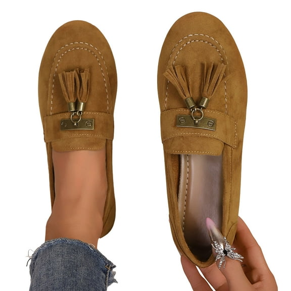 Tassel Suede Oxfords Dress Shoes for Women Spring Fall Fringe Slip on Ballet Flats Penny Loafers Walking Shoes