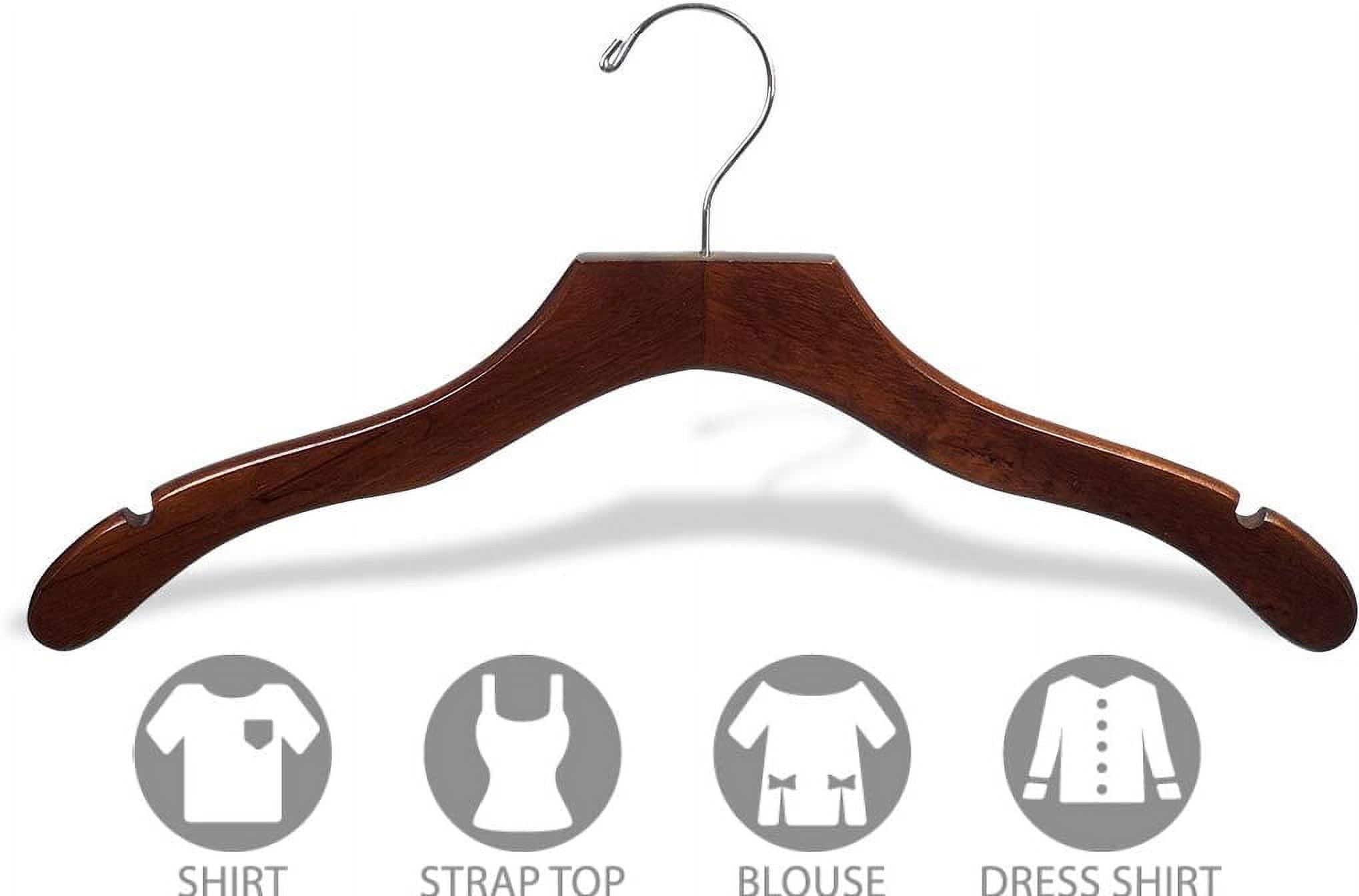Wavy Wood Top Hanger, Box of 50 Space Saving 17 Inch Wooden Hangers w/ Walnut Finish & Chrome Swivel Hook & Notches for Shirt Jacket or Dress by International Hanger