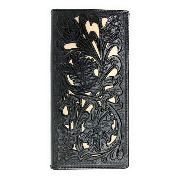 Premium Genuine Leather Floral Tooled Laser Cut Mens Long Bifold Wallet