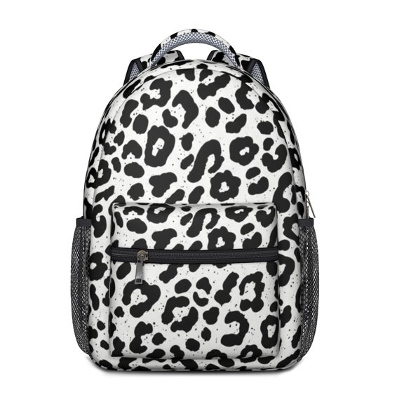 Black and White Leopard Print Backpack for School, Cute School Bag with Adjustable Shoulder Straps and Padded Back, 15.3"x11"x6.7"